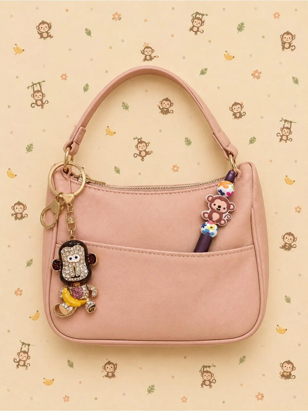 Handmade, adorable monkey beaded pen with Monkey Keychain/bag charm